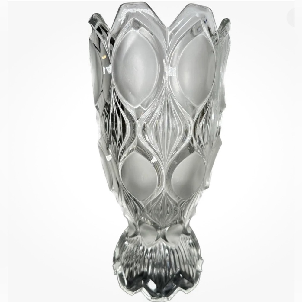 Bohemian Czech Frosted & Clear Glass Vase Crystal Flowers 10"